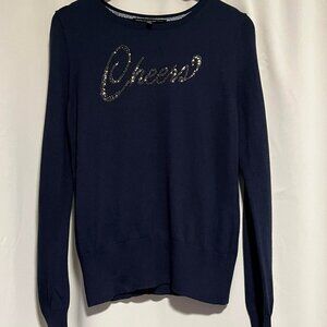 WHBM Embellished Rhinestones "Cheers" Sweater Blue Size M